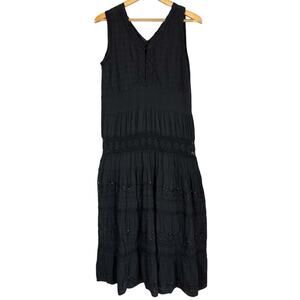 Vintage Black Sleeveless Tiered Midi Dress Beaded Crochet Drop Waist Summer